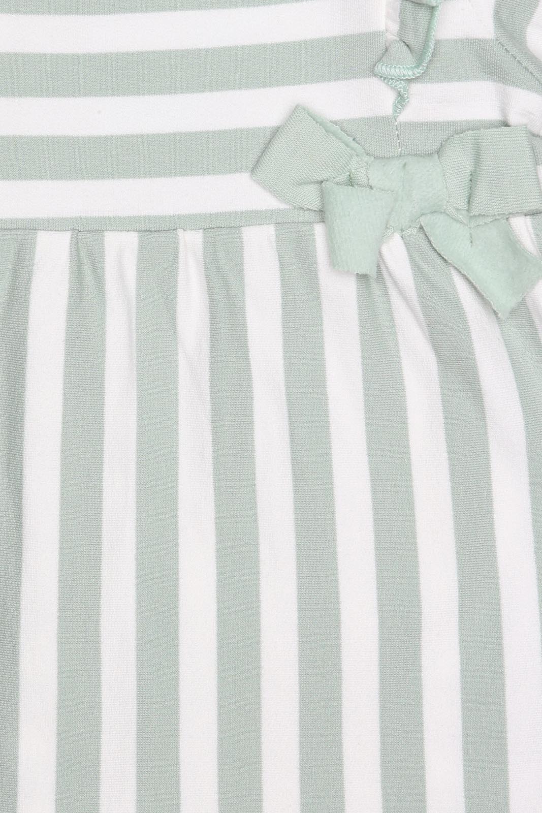 Detalhe do tecido e laço do vestido Street Monkey para bebé, riscas verde água e branco.