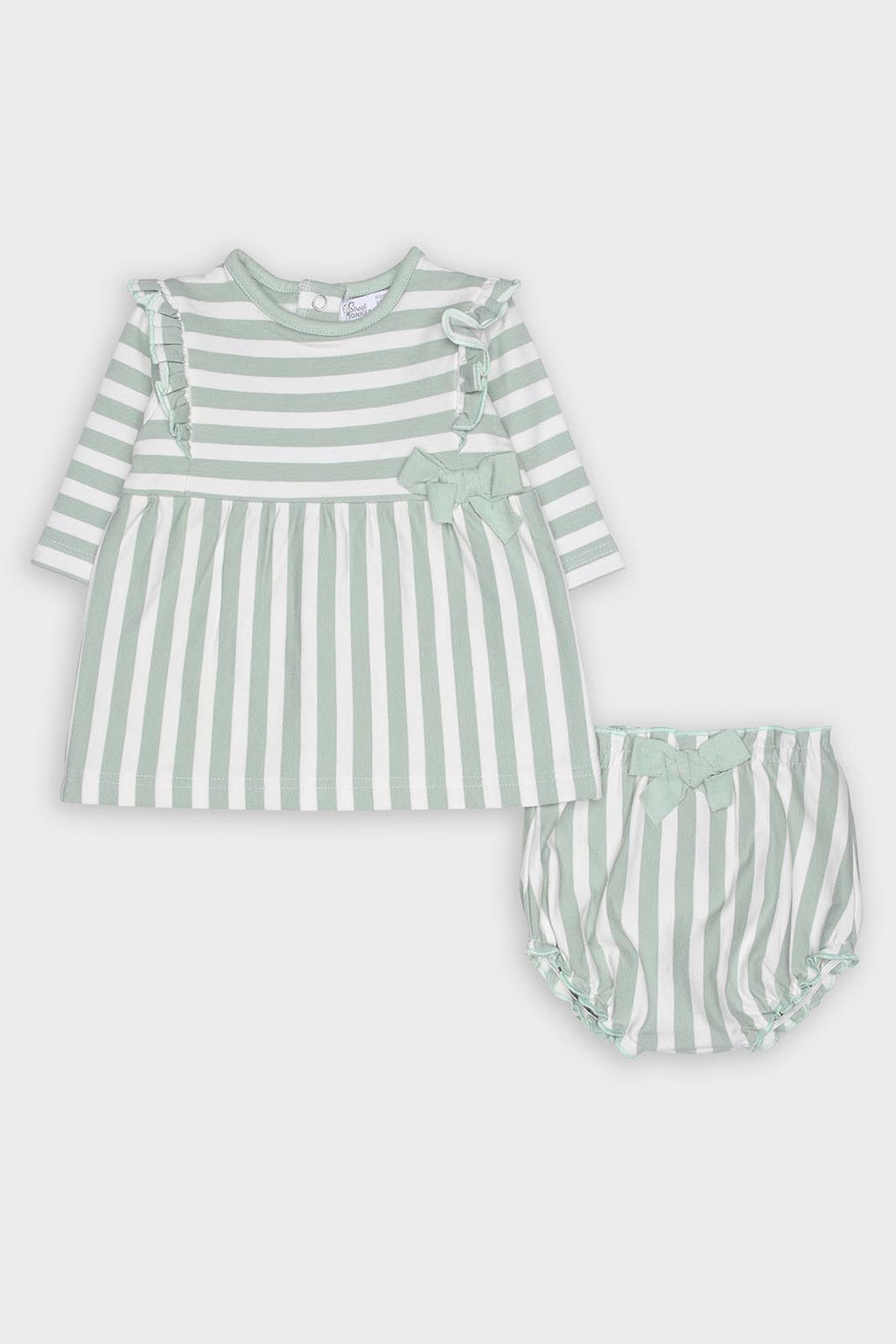 Conjunto Street Monkey para bebé, vestido e cueca riscas verde água e branco, vista frontal.