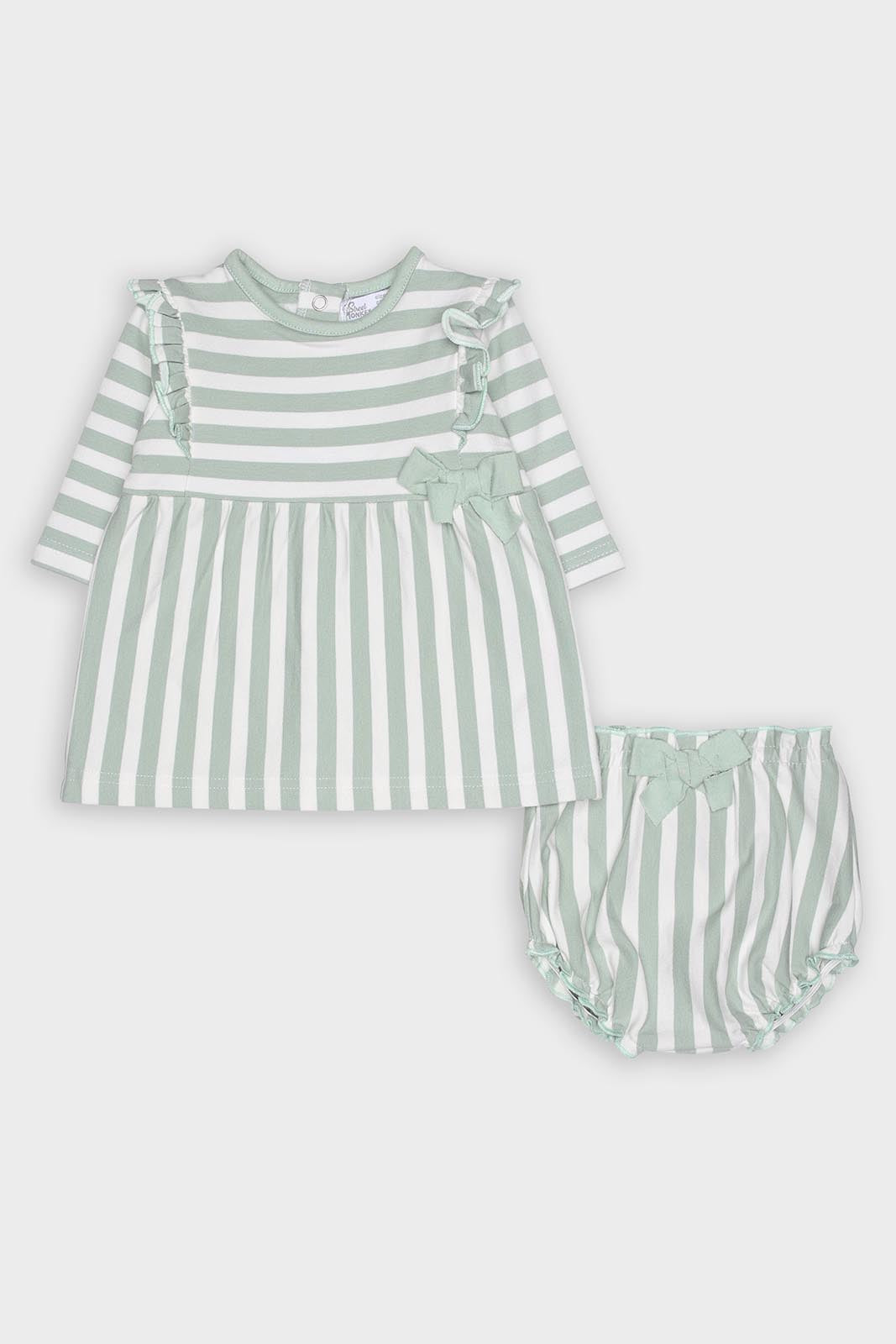 Conjunto Street Monkey para bebé, vestido e cueca riscas verde água e branco, vista frontal.