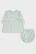Conjunto Street Monkey para bebé, vestido e cueca riscas verde água e branco, vista frontal.