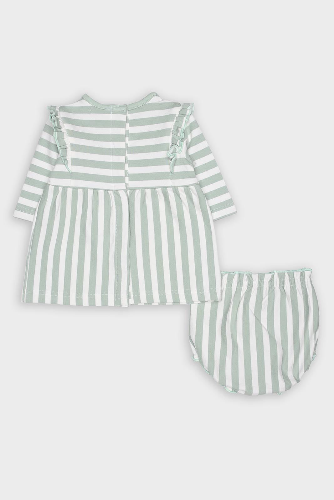 Conjunto Street Monkey para bebé, vestido e cueca riscas verde água e branco, vista frontal.