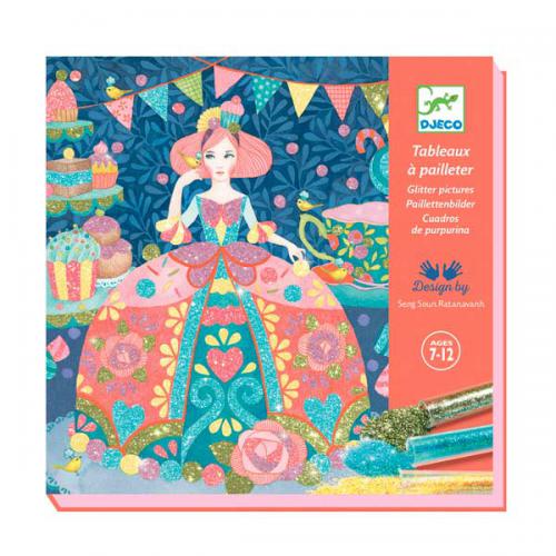 Embalagem do kit Djeco Factory Atividades Glitter Sonhar Acordado, mostrando uma ilustração de princesa cintilante e tubos de glitter.