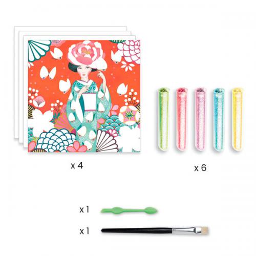 Conteúdo do kit Djeco Factory Atividades Glitter Sonhar Acordado, com 4 cartões, 6 tubos de glitter, ferramenta e pincel.