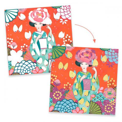 Comparação de uma ilustração do kit Djeco Factory antes e depois da aplicação de glitter, mostrando o efeito brilhante.