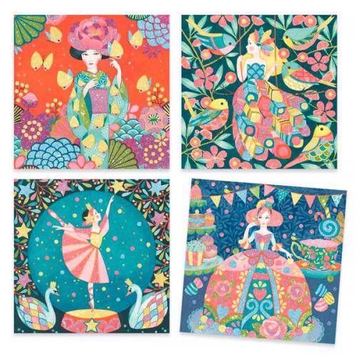 As quatro ilustrações completas do kit Djeco Factory Atividades Glitter Sonhar Acordado, com temas de fantasia e brilho.