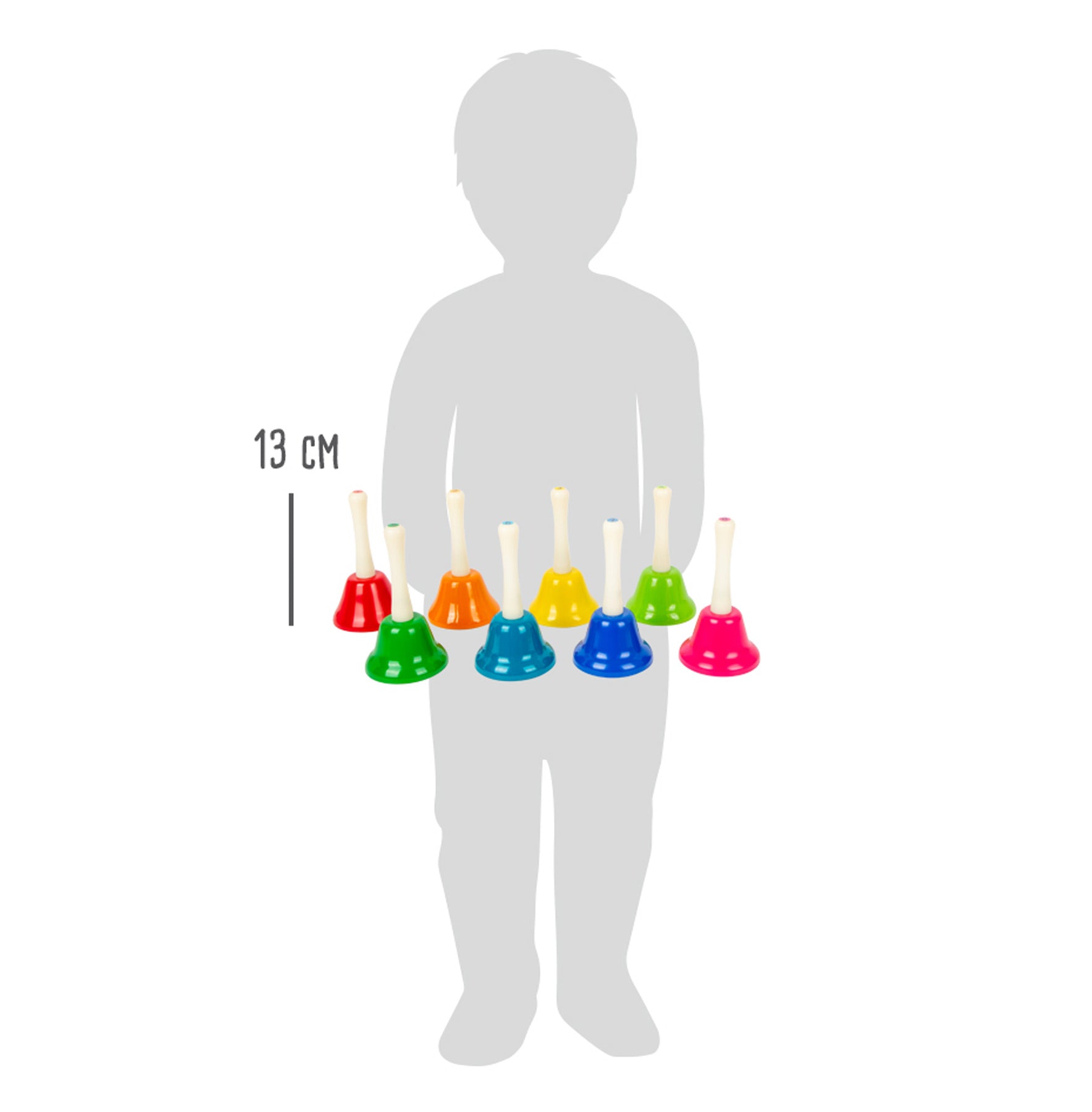 Imagem que mostra o tamanho das campainhas em comparação com uma criança, dando uma ideia de escala.