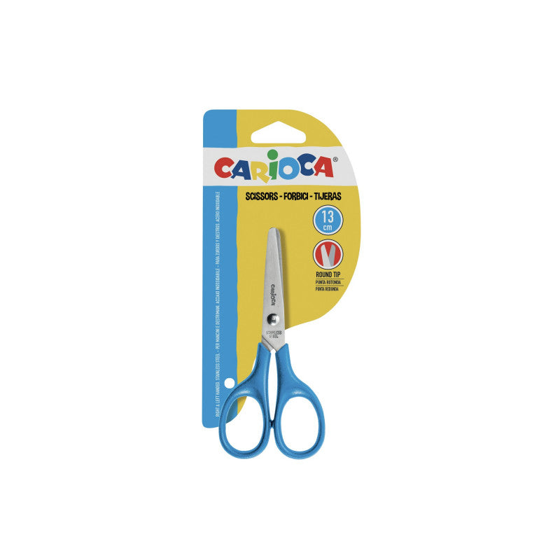 Tesoura escolar Carioca azul de 13cm com pontas arredondadas e lâminas em aço inoxidável para uso seguro por crianças.