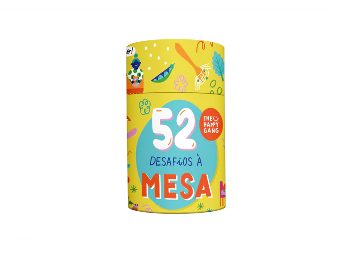 Embalagem do jogo "THE HAPPY GANG - 52 Desafios à Mesa" com design colorido, mostrando o logótipo e o número de desafios.