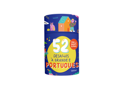 Embalagem cilíndrica azul escura do jogo "52 Desafios à Portuguesa" da The Happy Gang, com um círculo amarelo central onde se lê "52 Desafios à Grande e Portugues".