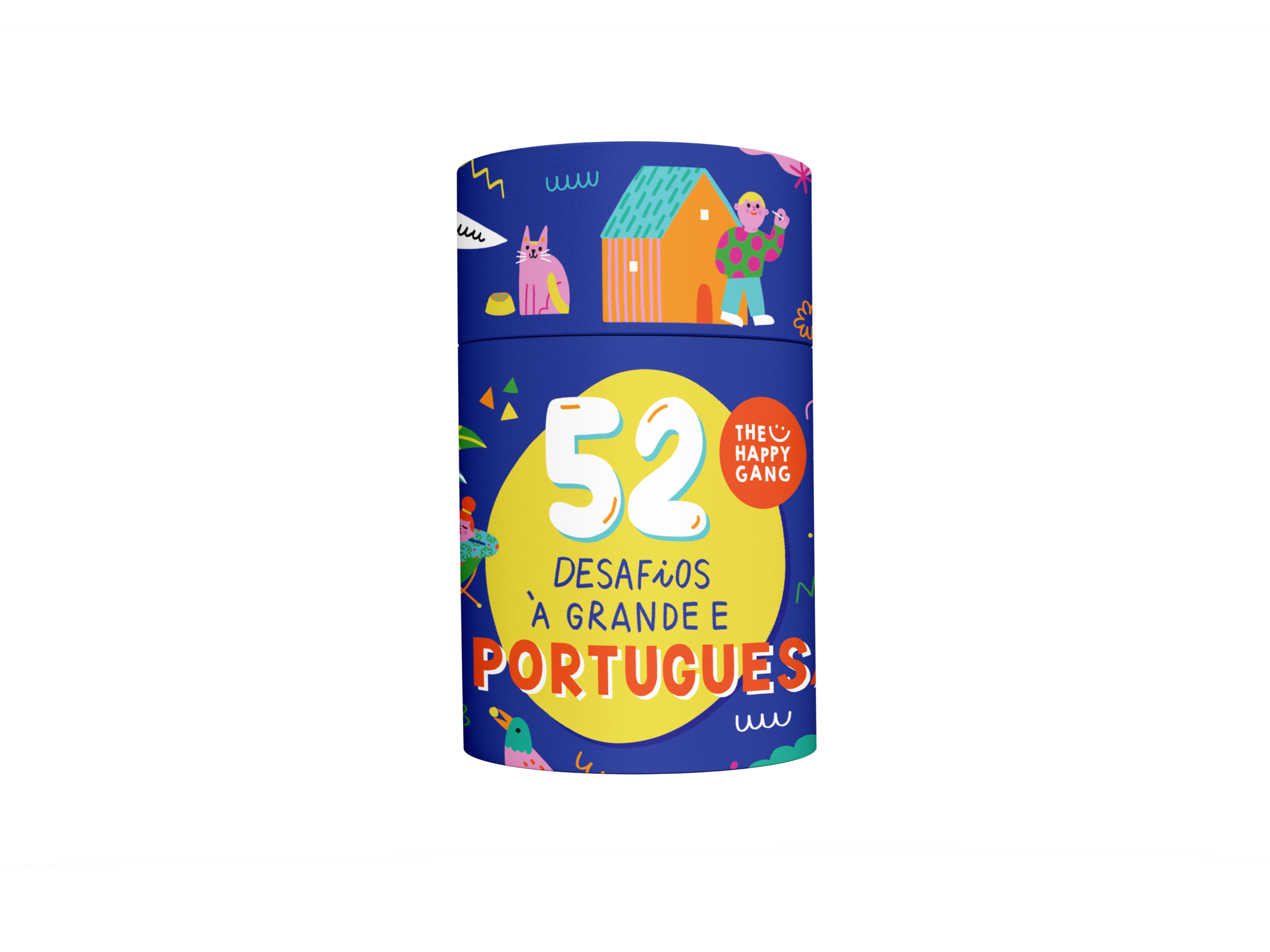 Embalagem cilíndrica azul escura do jogo "52 Desafios à Portuguesa" da The Happy Gang, com um círculo amarelo central onde se lê "52 Desafios à Grande e Portugues".