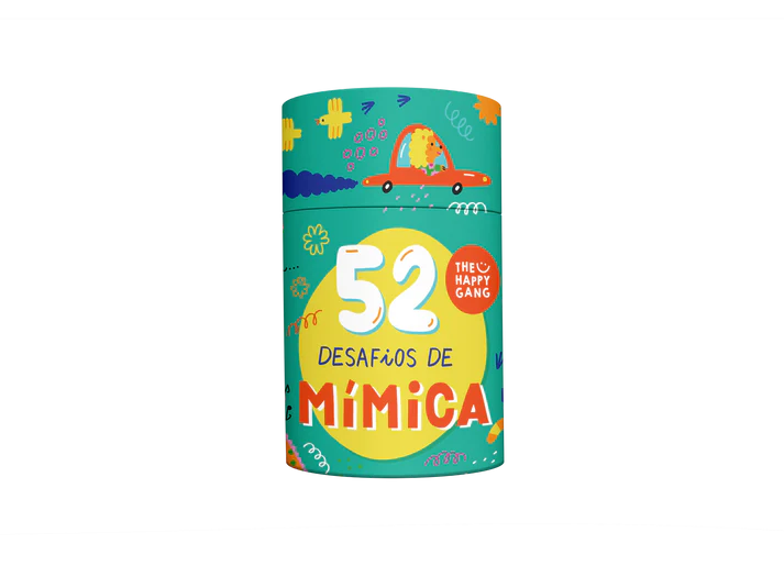 Embalagem do jogo "THE HAPPY GANG - 52 Desafios de Mímica", mostrando a caixa colorida com o logótipo e um ícone de um boneco a fazer mímica.