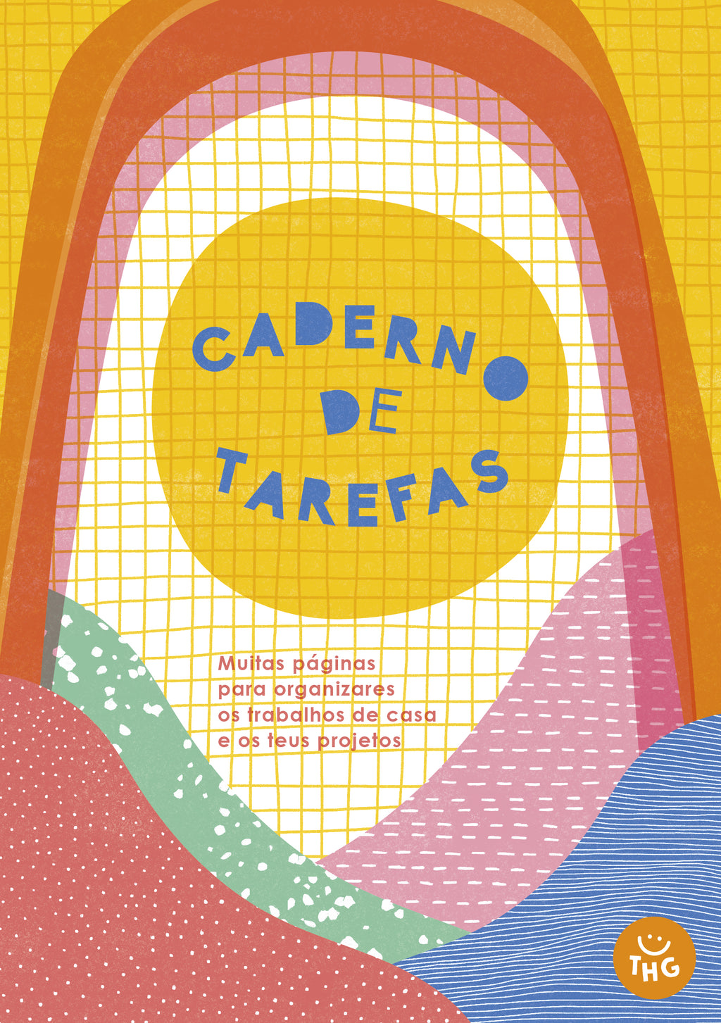 Capa do caderno "THE HAPPY GANG" com design alegre, focado em tarefas (TPC's) e projetos escolares. Tamanho A5.