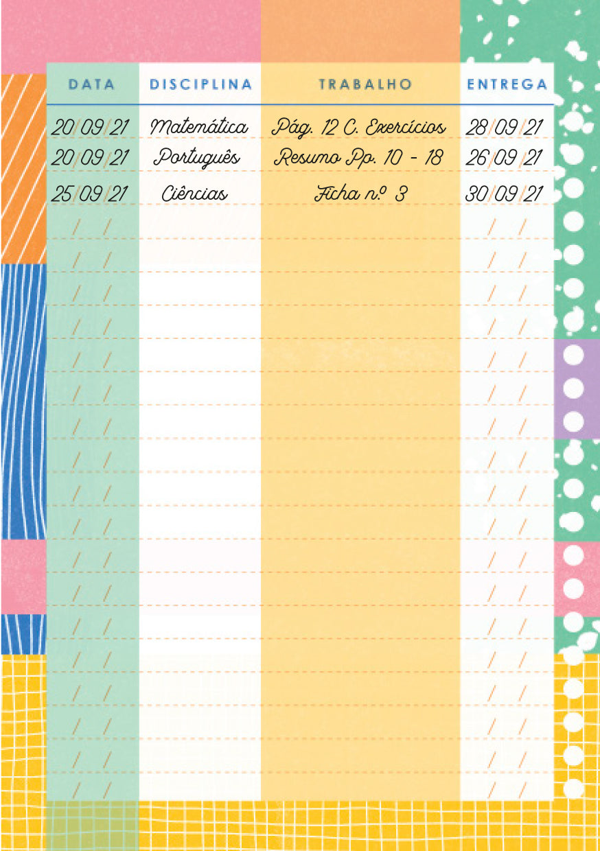 Detalhe das 32 páginas dedicadas à secção de planeamento e registo de projetos escolares no caderno.