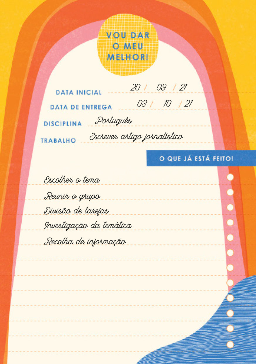 Vista interior do caderno, mostrando a secção de TPC's com linhas e espaço para registo de trabalhos de casa. 128 páginas.