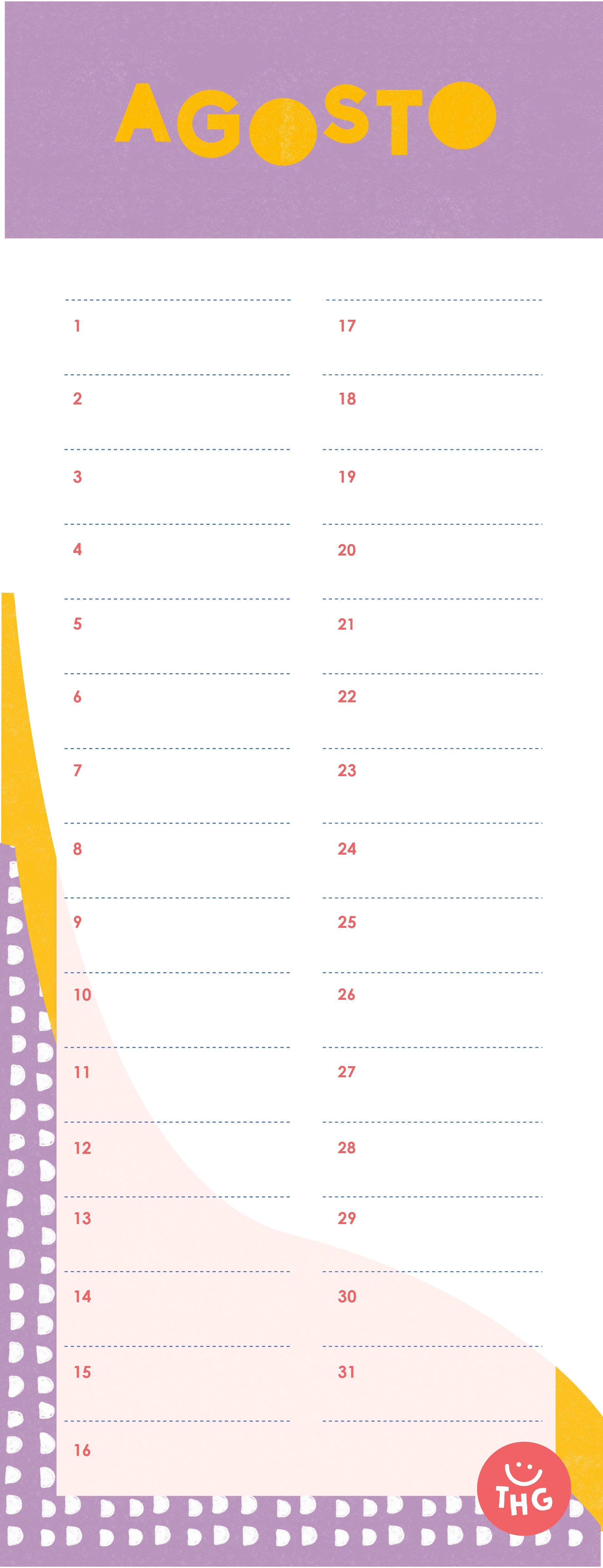 Detalhe do mês de Agosto do calendário de aniversários, com fundo roxo texturizado e numeração de 1 a 31.