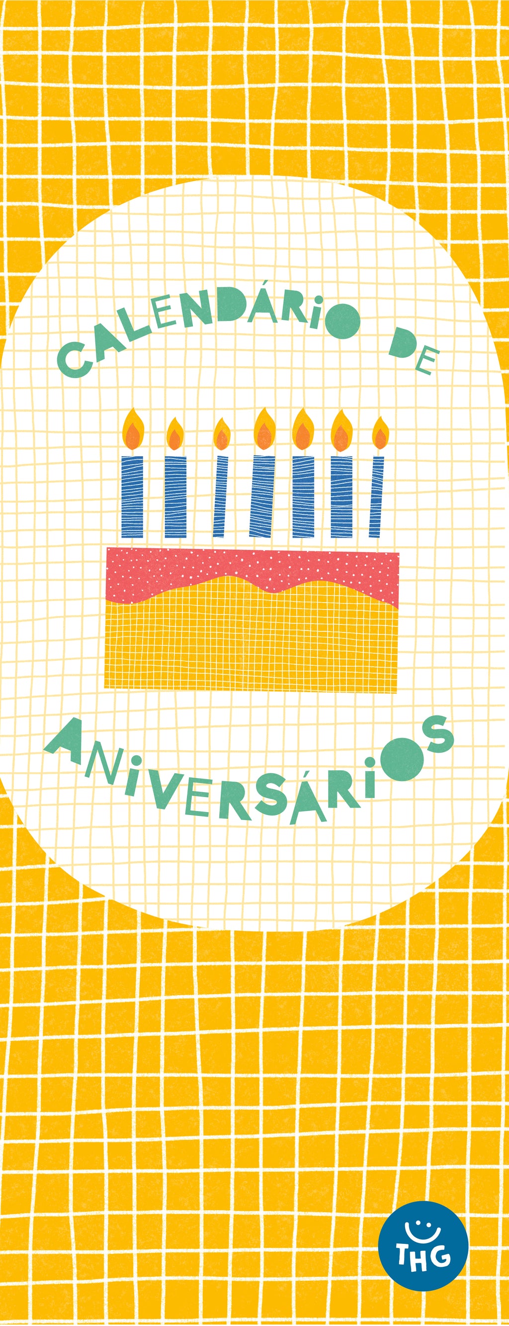 Capa do calendário de aniversários The Happy Gang, com ilustrações alegres e um bolo de velas sobre fundo amarelo quadriculado.