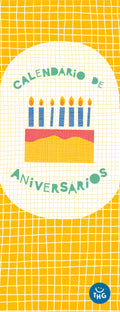 Capa do calendário de aniversários The Happy Gang, com ilustrações alegres e um bolo de velas sobre fundo amarelo quadriculado.