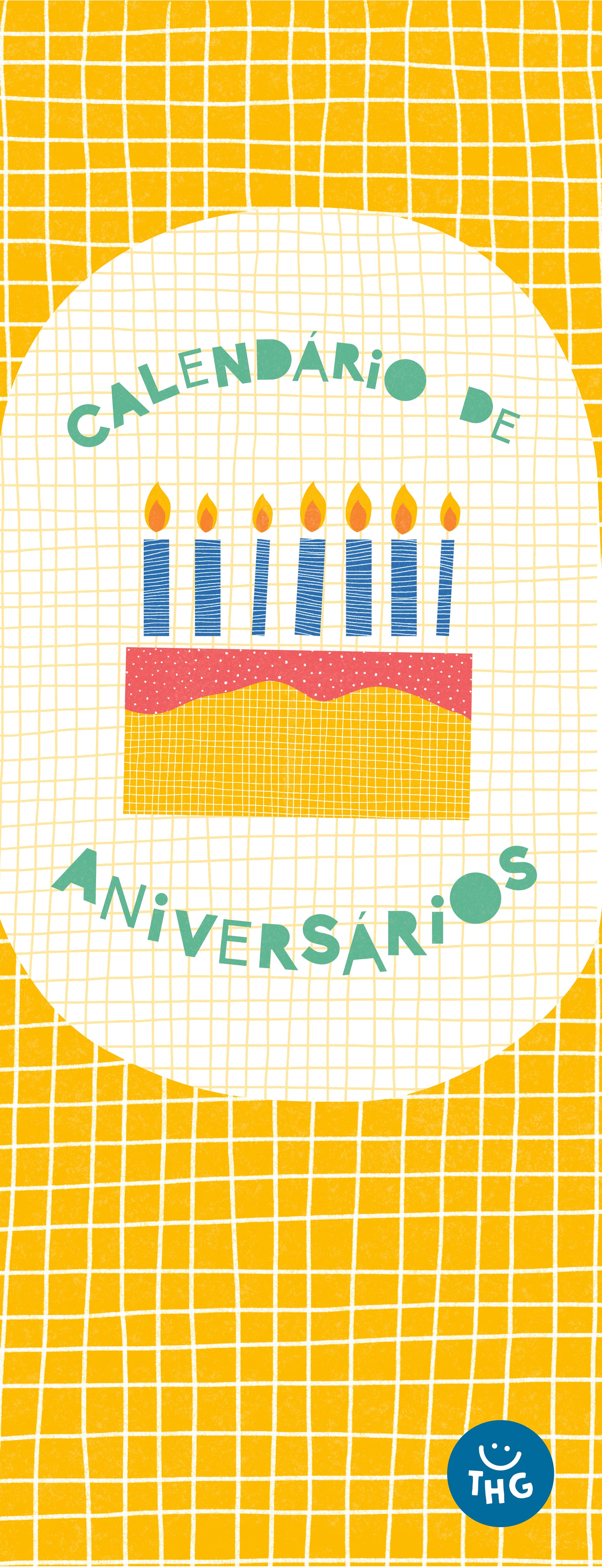 Capa do calendário de aniversários The Happy Gang, com ilustrações alegres e um bolo de velas sobre fundo amarelo quadriculado.