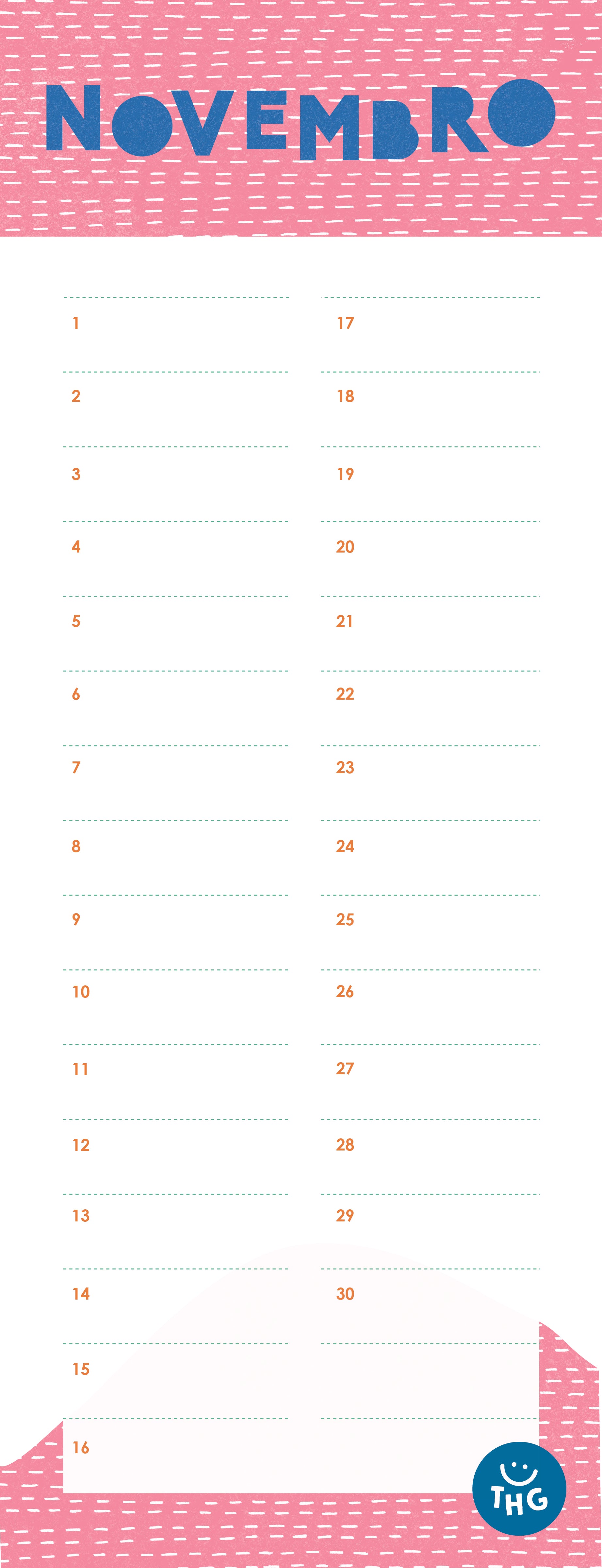 Exemplo do design do mês de Novembro do calendário de aniversários, com cabeçalho rosa de padrão riscado e espaço para datas de 1 a 30.