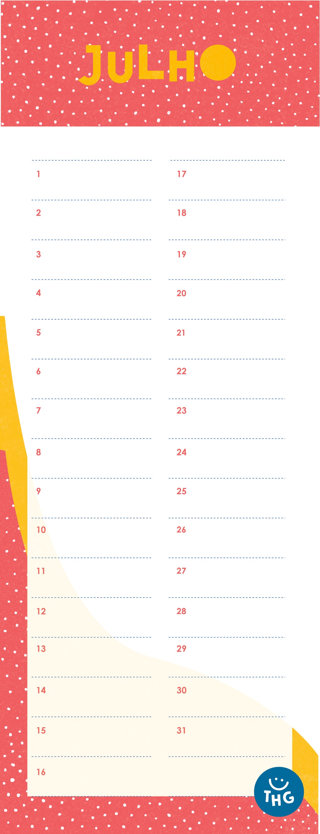 Página do mês de Julho do calendário perpétuo, apresentando fundo vermelho com bolinhas brancas e numeração de 1 a 31.