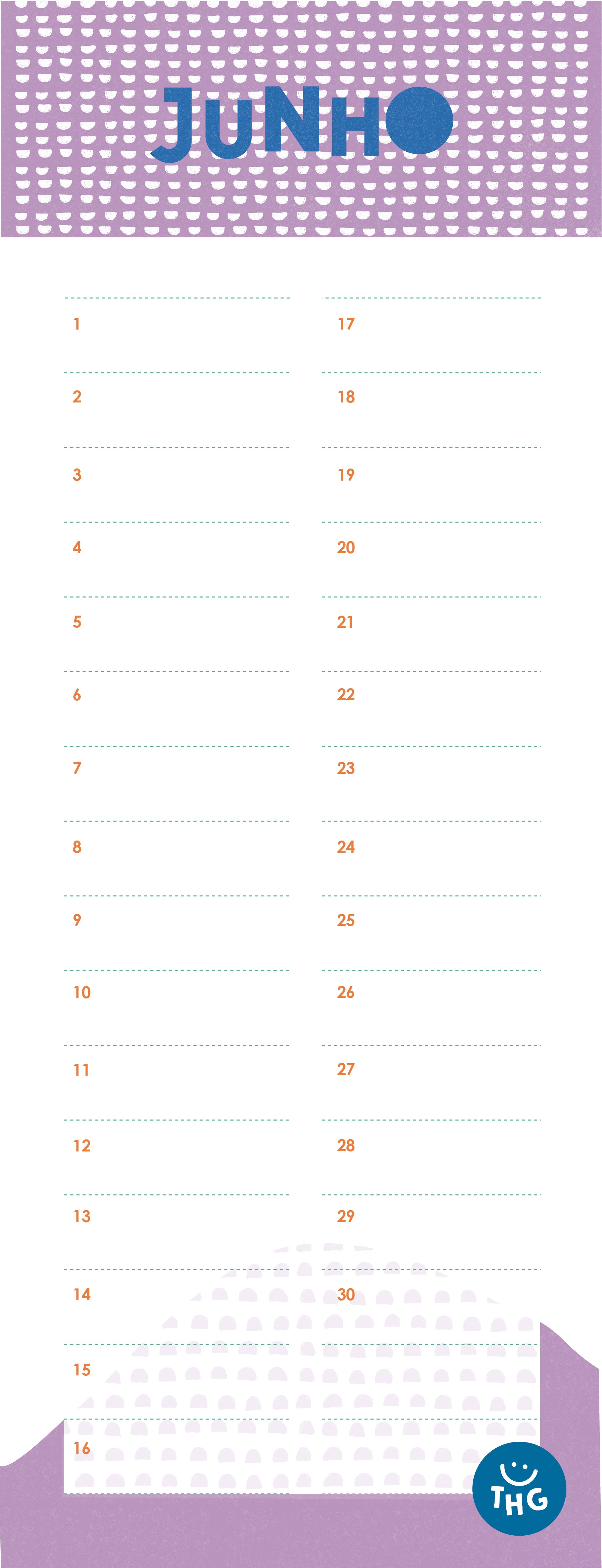 Página do mês de Junho do calendário de aniversários, com padrão de meias-luas roxas e numeração de 1 a 30.