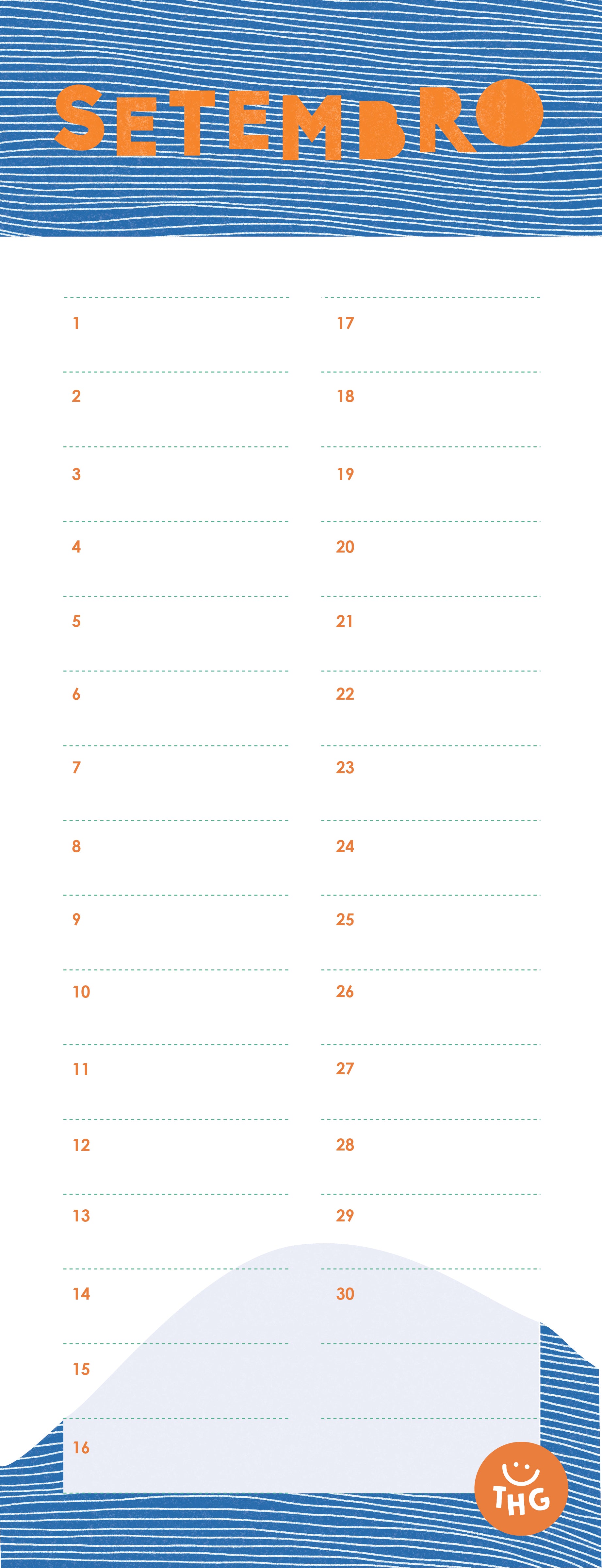 Página do mês de Setembro do calendário perpétuo, com cabeçalho azul ondulado e numeração de 1 a 30.