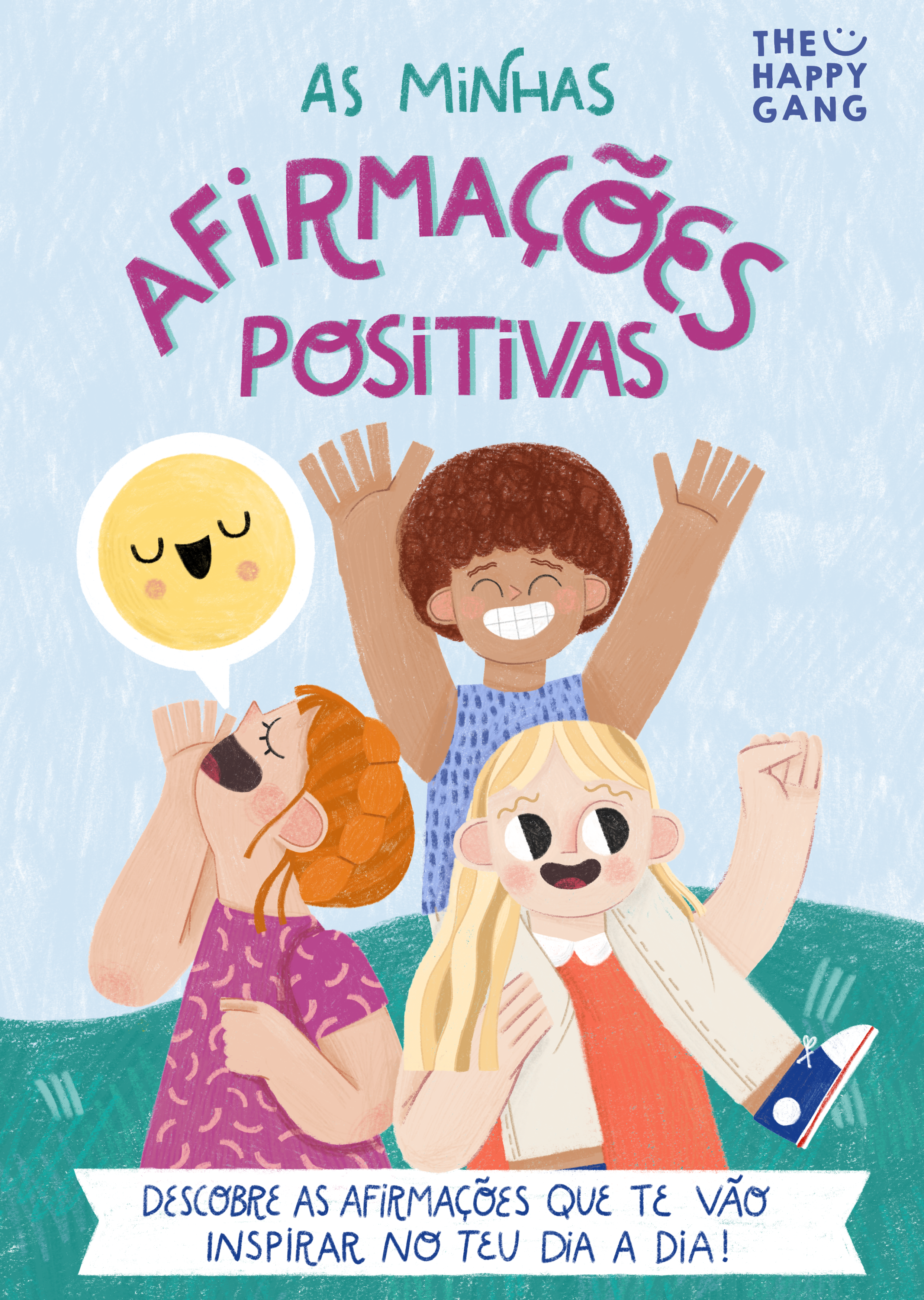 Imagem principal do produto: Caixa aberta dos "Cartões As minhas afirmações positivas" da The Happy Gang, mostrando cartas coloridas com ilustrações e um pequeno livro de instruções.