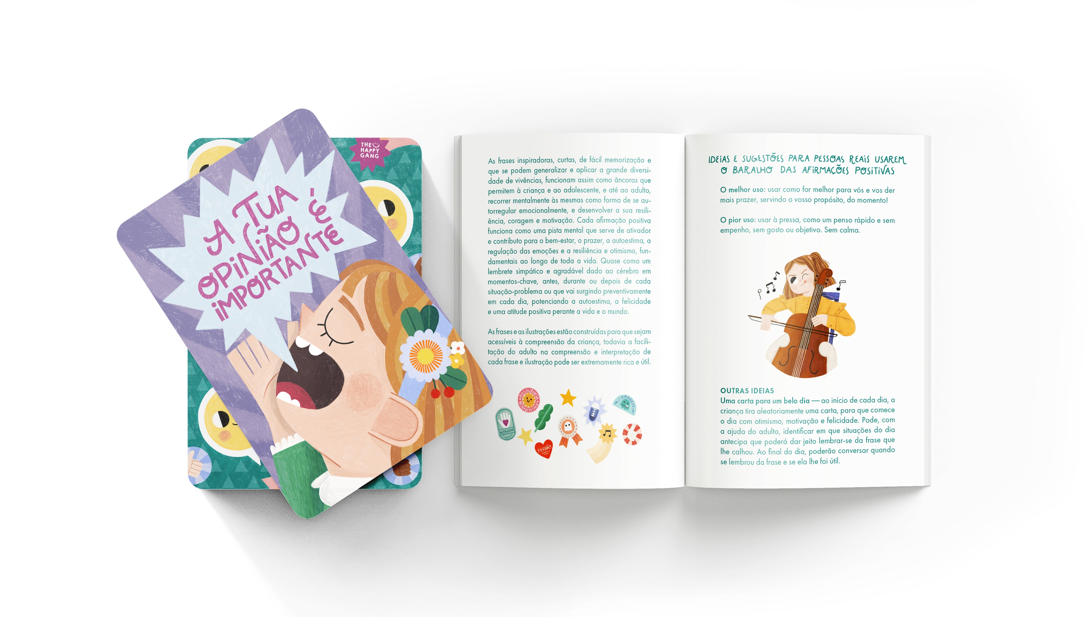 Imagem de capa do jogo "THE HAPPY GANG - Cartões As minhas afirmações positivas", mostrando a caixa com ilustrações coloridas e o título em destaque.