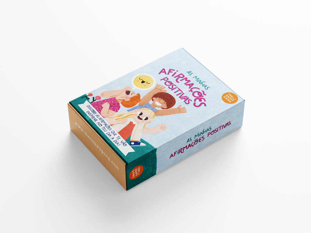 Detalhe de um conjunto de 5 cartas lado a lado, ilustrando diferentes afirmações positivas em tons pastel, focadas no desenvolvimento da confiança infantil.