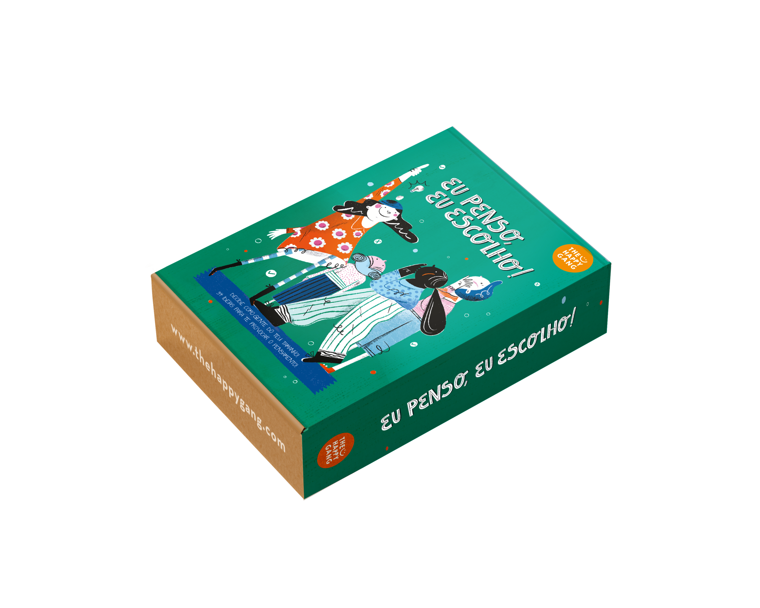Conjunto completo do jogo "Eu Penso, Eu Escolho": 34 cartas ilustradas coloridas e o livro de apoio sobre tomada de decisão, da marca The Happy Gang.