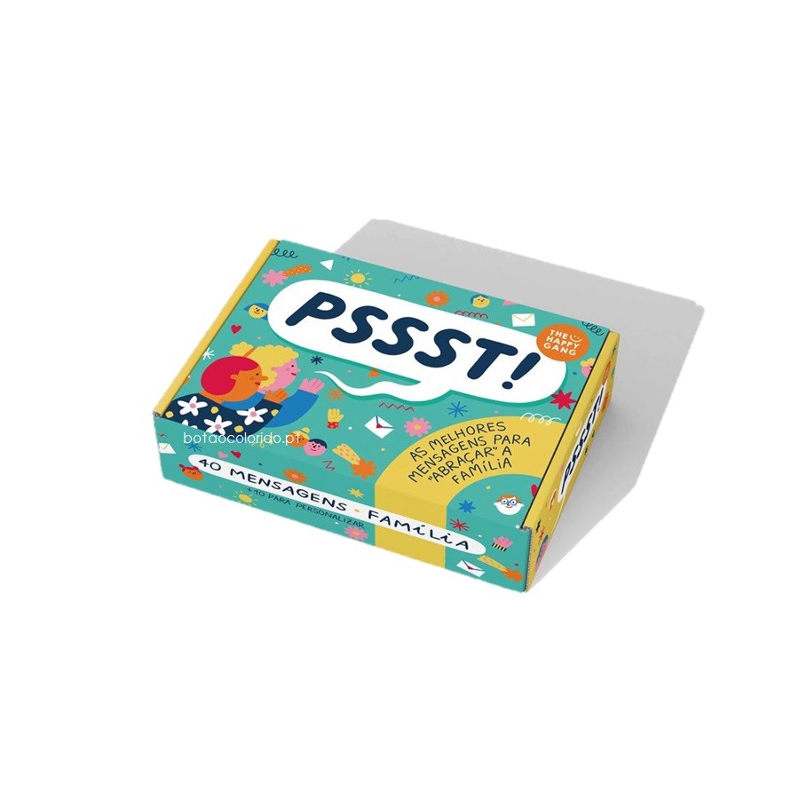 Cartão amarelo com a mensagem "PSST! ESTOU AQUI!" do The Happy Gang, ilustrando uma mensagem de afeto surpresa.