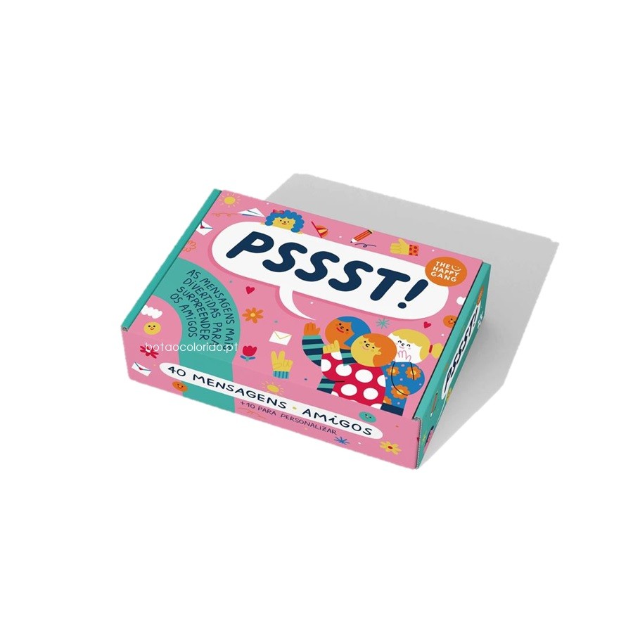 Embalagem fechada do produto "THE HAPPY GANG - Pssst! 40 mensagens de afectos", com design colorido e moderno, pronta para oferecer.