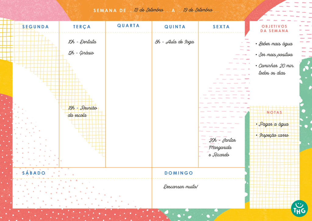 Detalhe do cabeçalho do planeador semanal A4, mostrando o logótipo "THE HAPPY GANG" e a secção de metas semanais.