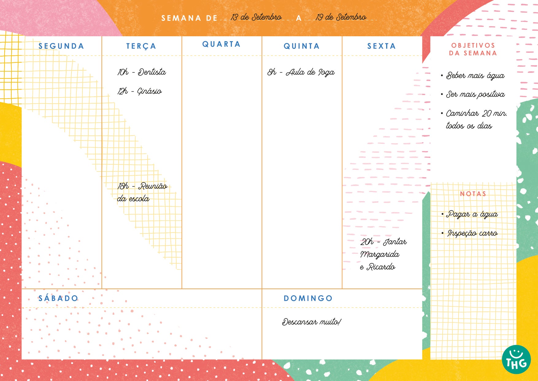 Detalhe do cabeçalho do planeador semanal A4, mostrando o logótipo "THE HAPPY GANG" e a secção de metas semanais.