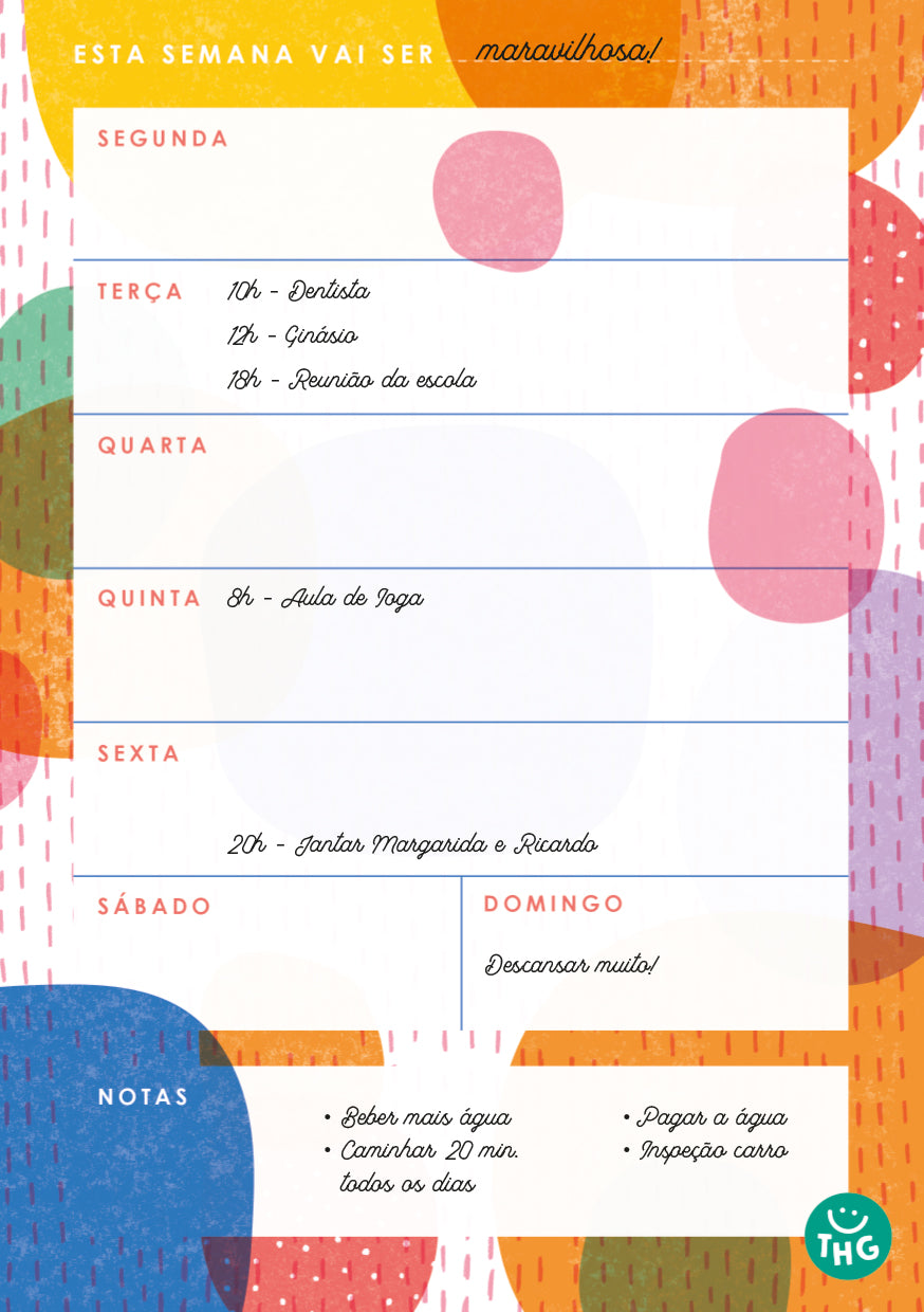 Vista aberta do planeador semanal A5, destacando o layout de organização semanal com espaço para tarefas e notas.