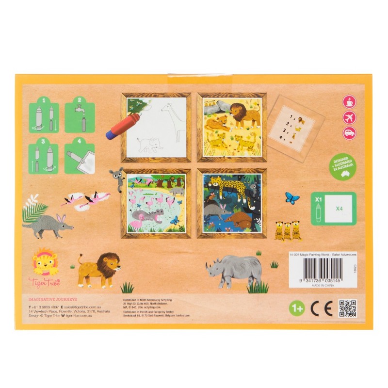 Detalhe do conjunto Tiger Tribe: quatro quadros temáticos e um pincel mágico pronto a usar.