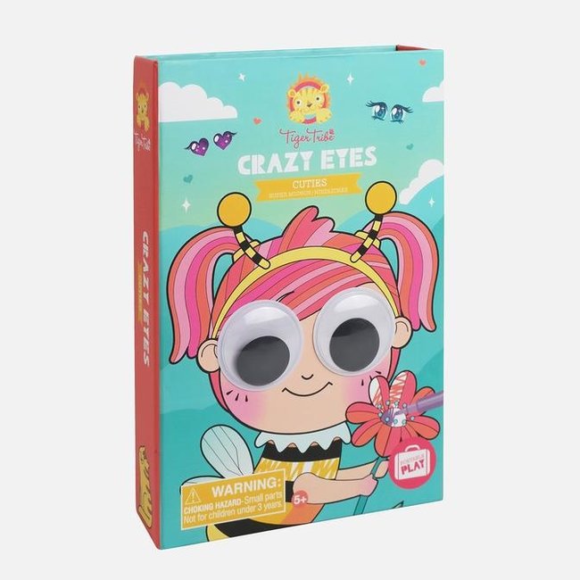 Caixa fechada do kit criativo Tiger Tribe "Crazy Eyes Cuties" com uma ilustração de uma menina abelha com olhos grandes e saltitantes.