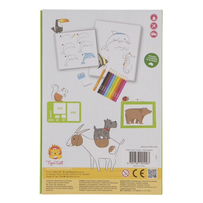 Imagem principal do Tiger Tribe Conjunto "Como Desenhar", mostrando o estojo aberto com o livro, lápis de cor, bloco de desenho, apontador e borracha organizados.