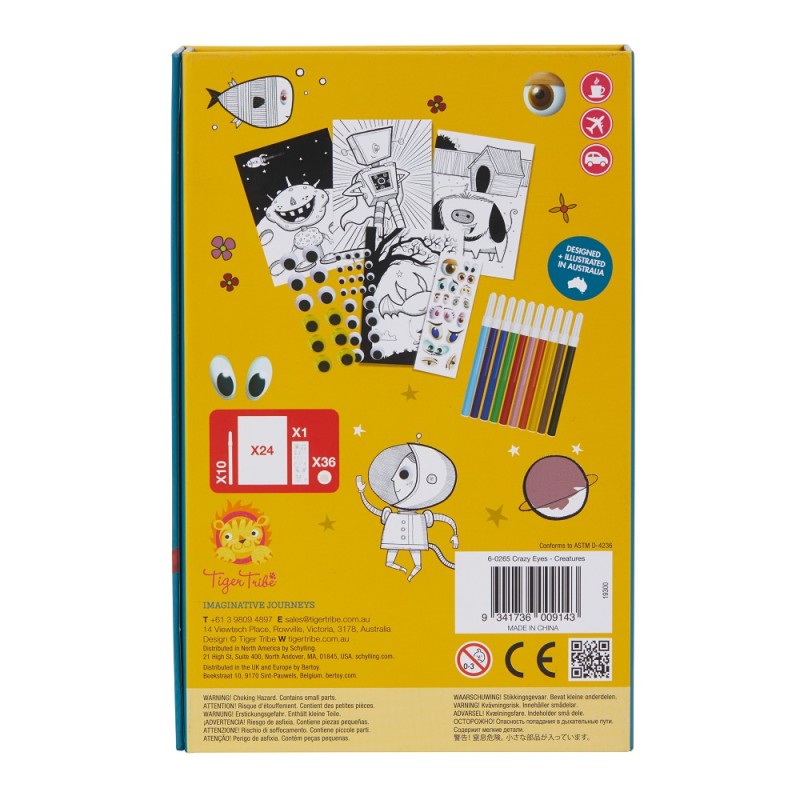 Verso da embalagem do kit Tiger Tribe "Crazy Eyes Creatures", mostrando o conteúdo: páginas para colorir, marcadores, autocolantes de olhos e informações de segurança.