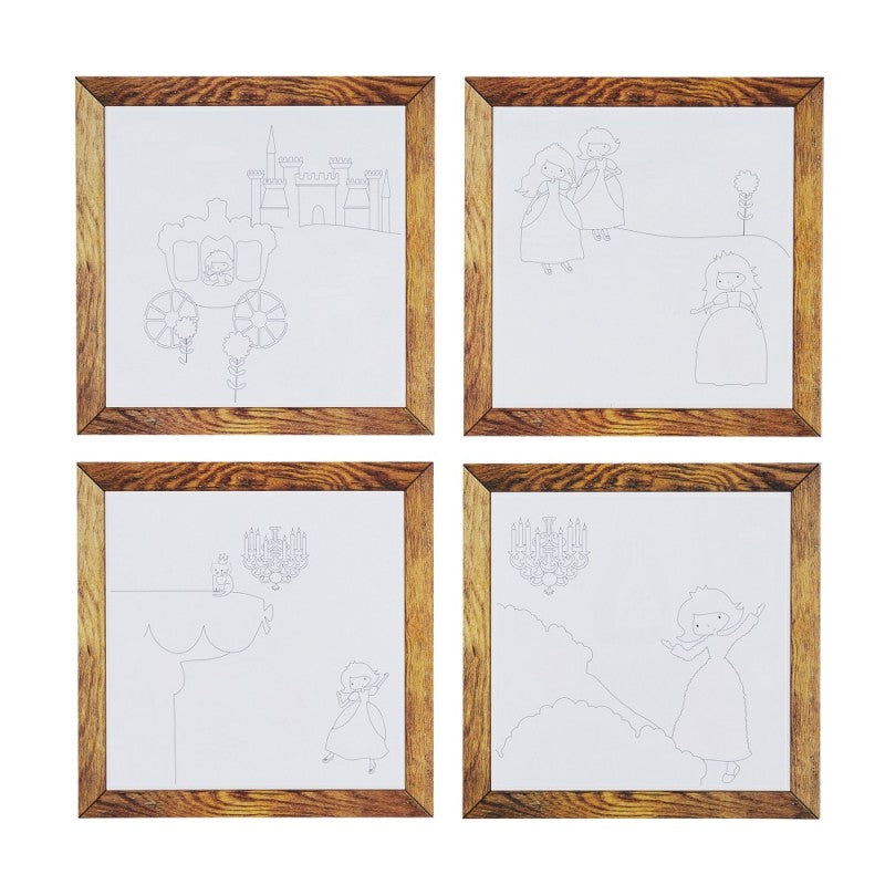 Os quatro quadros em branco do jogo Tiger Tribe Magic Painting World - A Day at the Palace, prontos para colorir com água.
