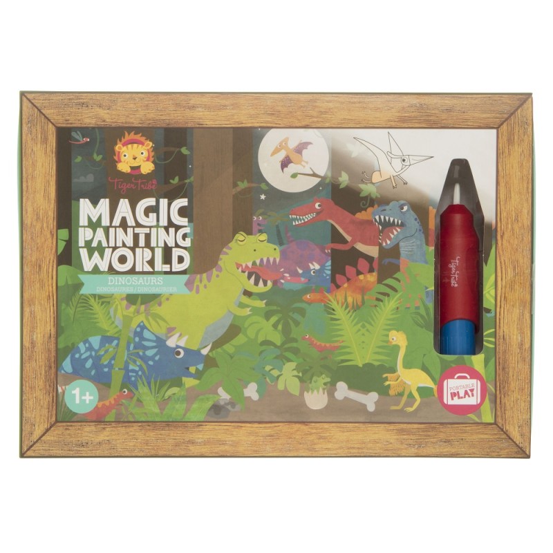 Caixa do jogo Tiger Tribe Magic Painting World - Dinosaurs, mostrando a ilustração principal e o pincel mágico.