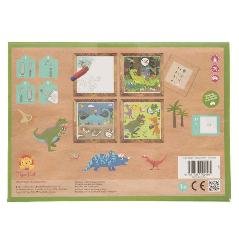 Verso da caixa do jogo Tiger Tribe Magic Painting World - Dinosaurs, com instruções de uso e informações do produto.