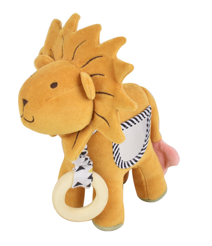 Peluche leão Tikiri com anel de dentição e espelho.