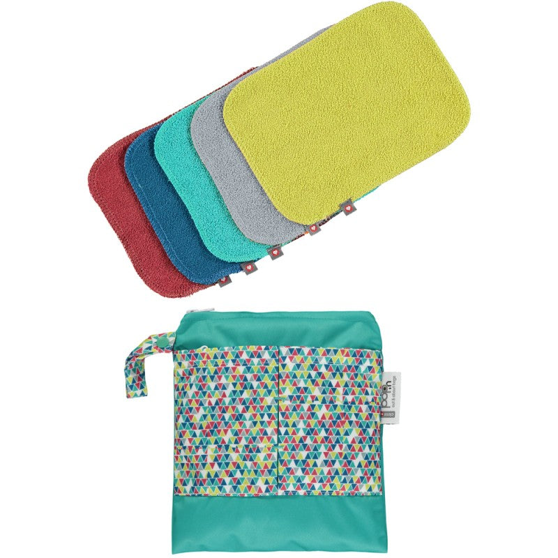 Pack de toalhitas de bambu reutilizáveis coloridas Close e saco de transporte.