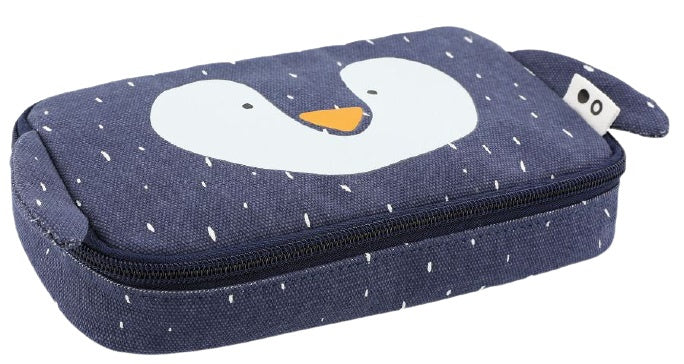 Estojo retangular Trixie Pinguim em algodão, exibindo o design frontal com um pinguim sorridente e fecho de correr.