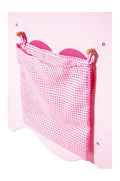 Detalhe do bolso lateral em tecido rosa com padrão vichy do trocador de bonecas small foot, perfeito para guardar pequenos acessórios.
