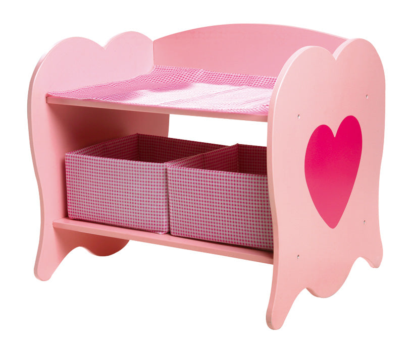 Detalhe do trocador de bonecas small foot, mostrando o design em forma de coração e a construção em madeira rosa de alta qualidade.
