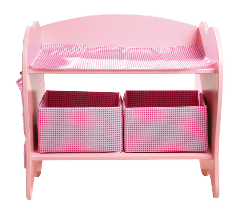 Trocador de bonecas small foot rosa em madeira, com dois cestos de tecido e um bolso lateral, ideal para brincadeiras de imitação e organização de acessórios.