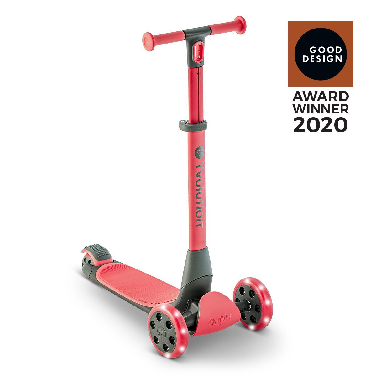 A trotinete Glider da Y-volution em vermelho, com o selo "Good Design Award Winner 2020", em fundo branco.
