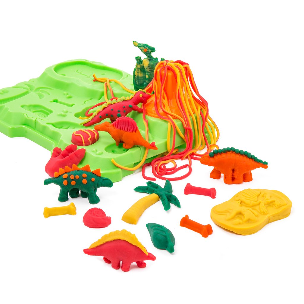 Conjunto completo de plasticina Tutti Frutti com vulcão, dinossauros e moldes.